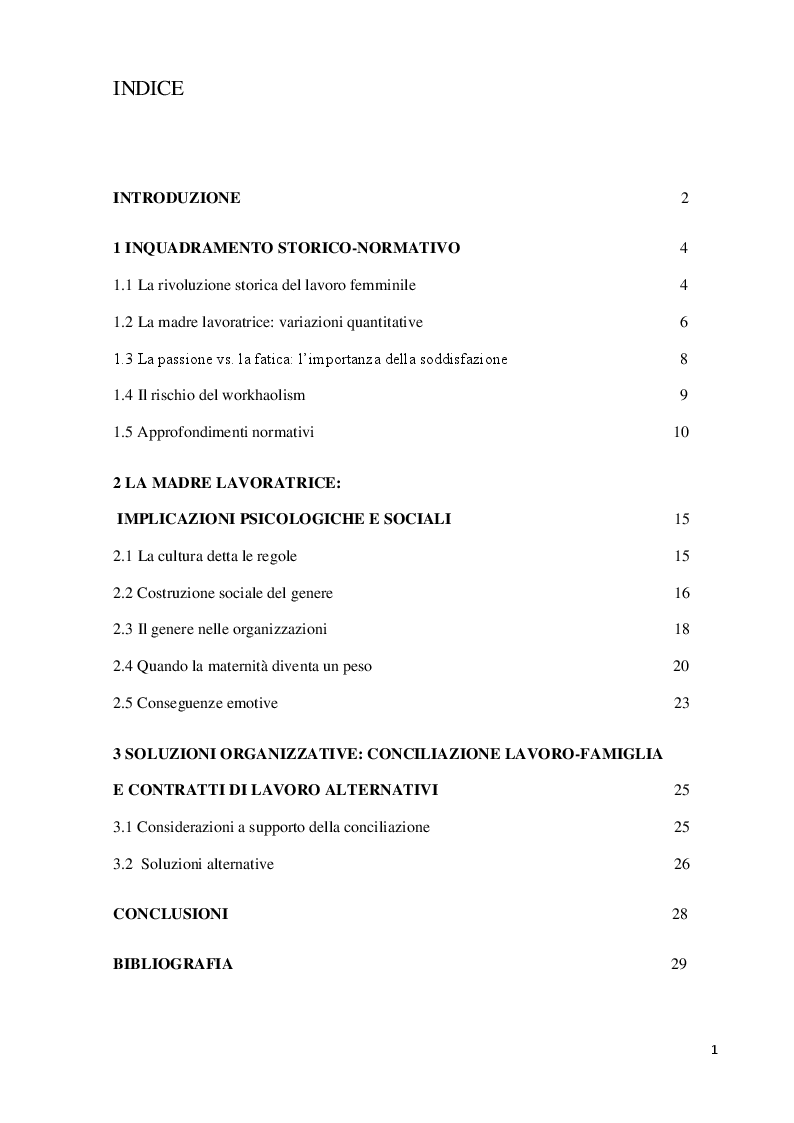 Indice della tesi: La maternità nelle organizzazioni. Un approfondimento psicosociale e normativo, Pagina 1