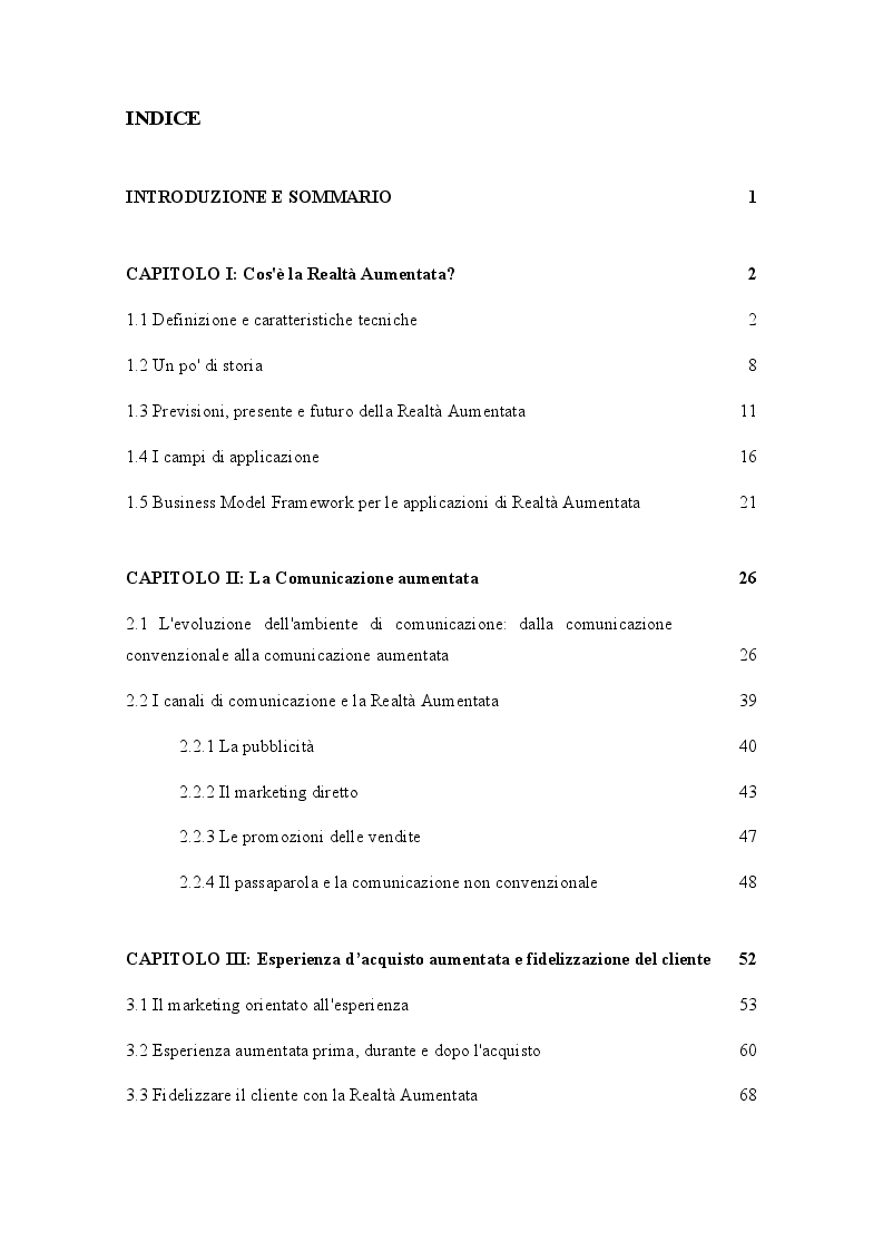 Indice della tesi: La realtà aumentata ed il marketing: comunicazione, esperienza e fidelizzazione, Pagina 1