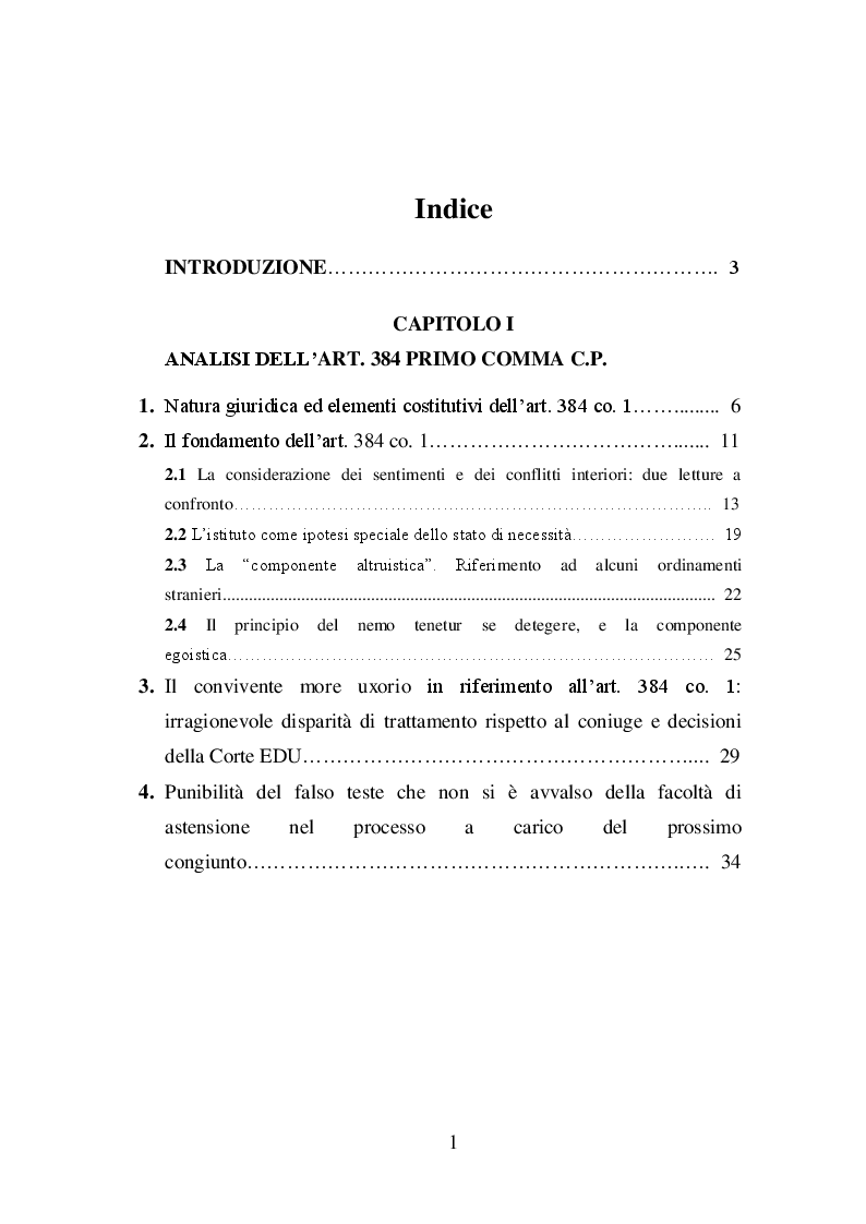 Indice della tesi: La non punibilità dei reati contro l'amministrazione della giustizia ex art. 384 c.p., Pagina 1