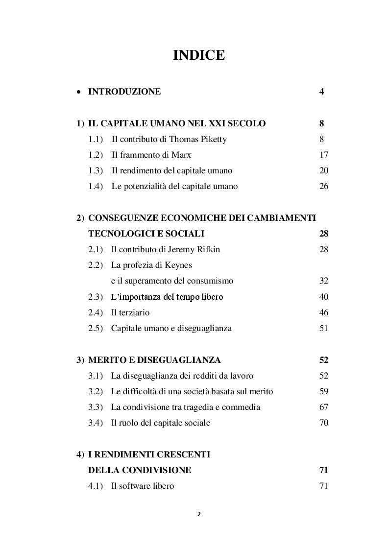 Indice della tesi: Capitale e lavoro nel XXI secolo: tra bisogni relativi e produzione condivisa, Pagina 1