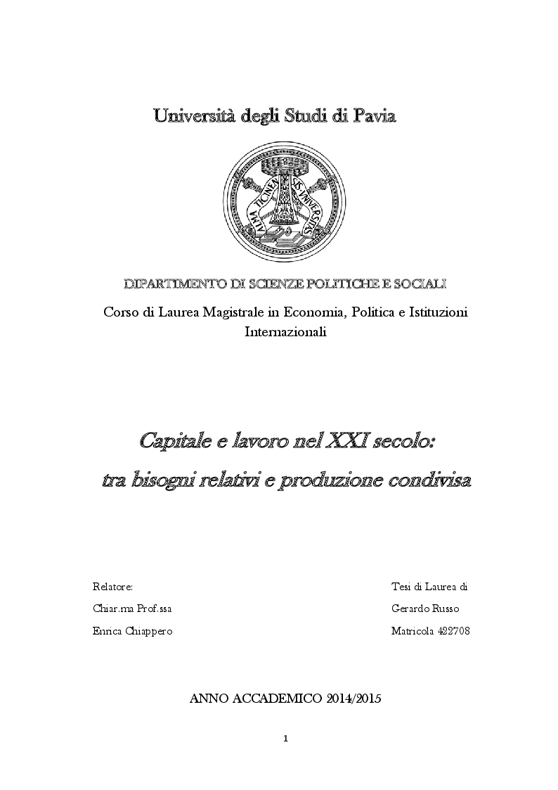 Anteprima della tesi: Capitale e lavoro nel XXI secolo: tra bisogni relativi e produzione condivisa, Pagina 1