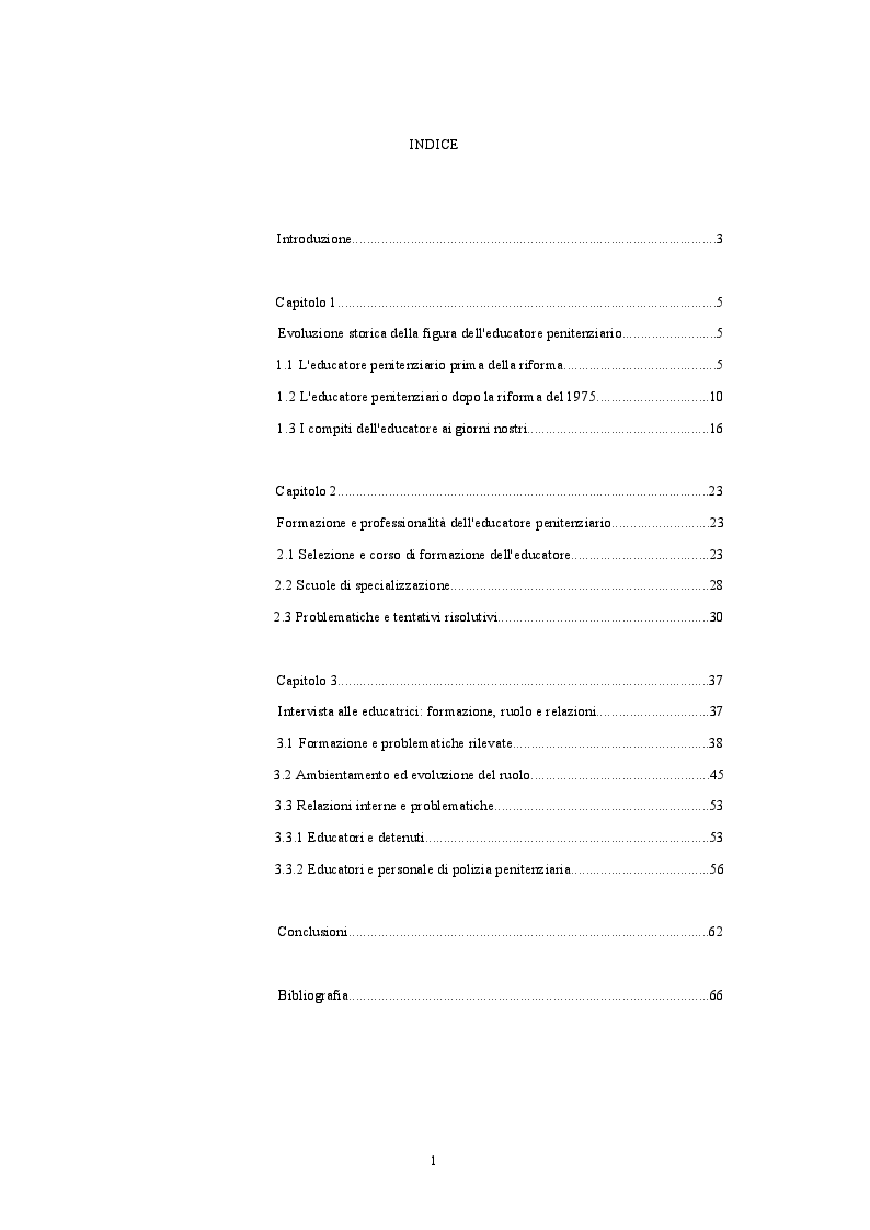 Indice della tesi: L'educatore in carcere. Evoluzione storica, formazione e competenze, Pagina 1