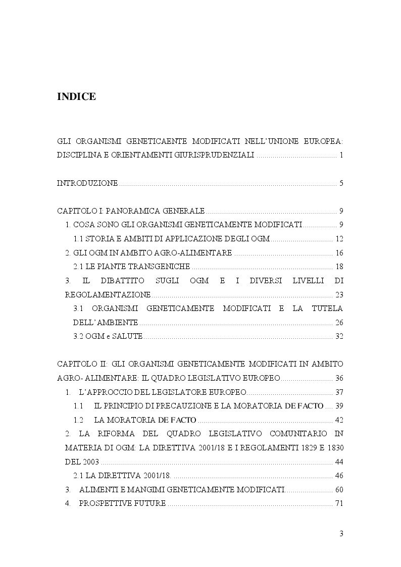 Indice della tesi: Gli organismi geneticamente modificati nell'Unione Europea: disciplina e orientamenti giurisprudenziali, Pagina 1