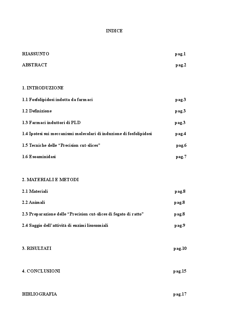 Indice della tesi: Studio del rilascio di Esosaminidasi (EC 3.2.1.52) promosso da farmaci in ''precision-cut slices'' di fegato di ratto e in cellule umane HepG2, Pagina 1