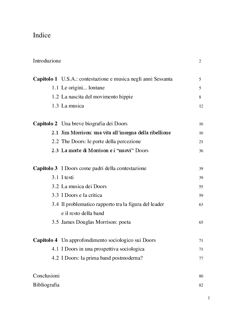 Indice della tesi: I Doors e la rivoluzione culturale degli anni Sessanta negli Stati Uniti d'America, Pagina 1