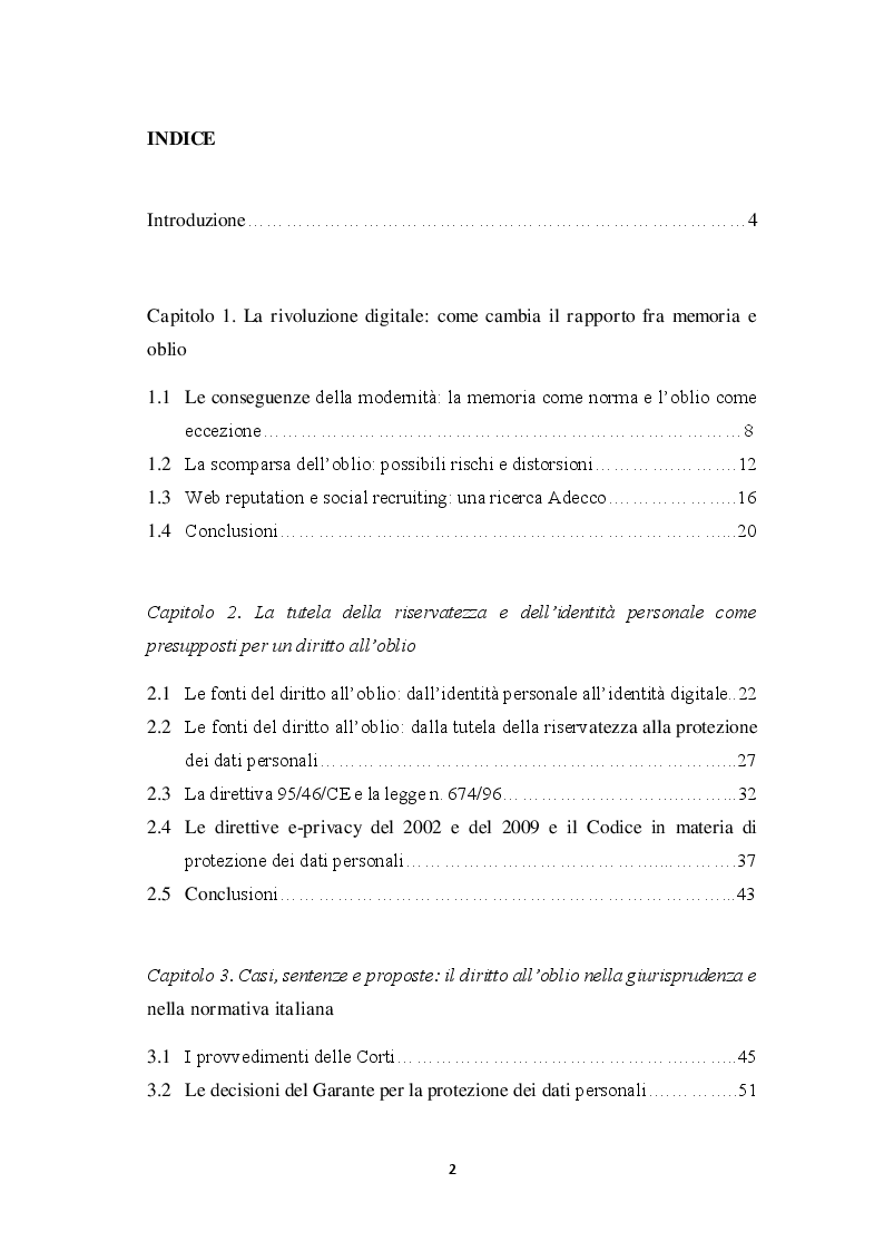 Indice della tesi: La persistenza della memoria: il diritto all'oblio nell'era digitale, Pagina 1