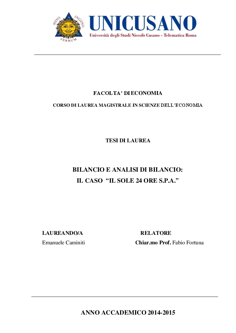 Anteprima della tesi: Bilancio e analisi di bilancio: Il caso "Il Sole 24 Ore S.p.A.", Pagina 1