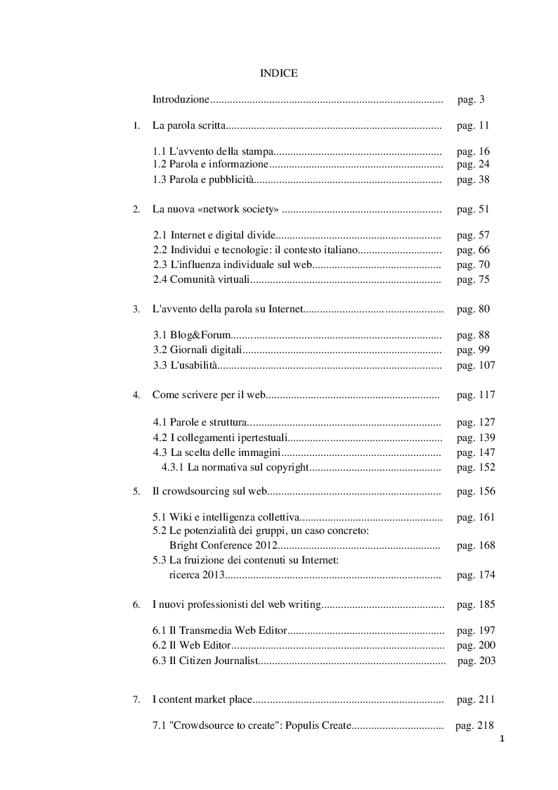 Indice della tesi: Le nuove forme di scrittura digitale: il crowdsourcing su Internet. I content market di Popolis Create e O2O, Pagina 1