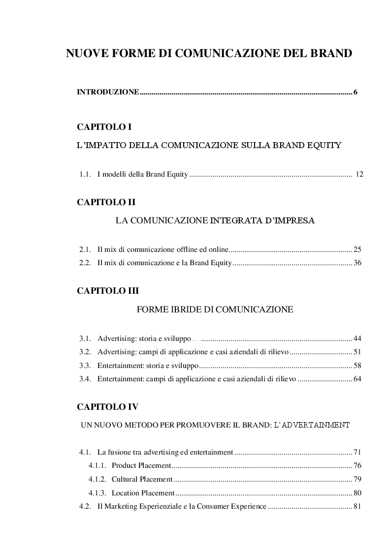 Indice della tesi: Nuove Forme di Comunicazione del Brand, Pagina 1
