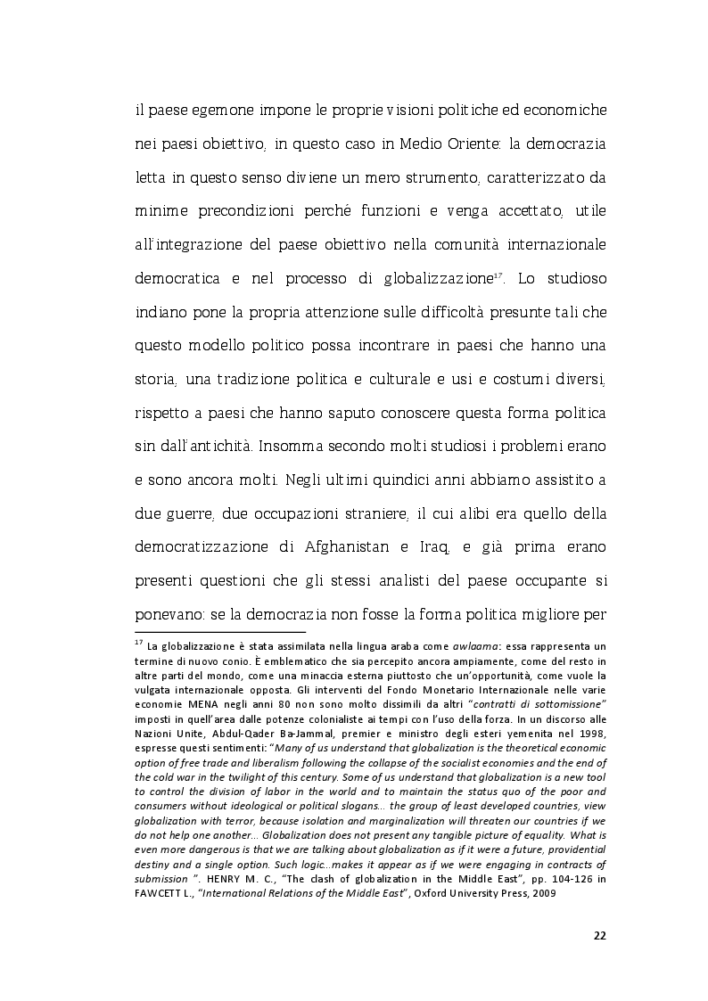 Estratto dalla tesi: Il ruolo dei fattori internazionali nel processo di democratizzazione del Medio Oriente