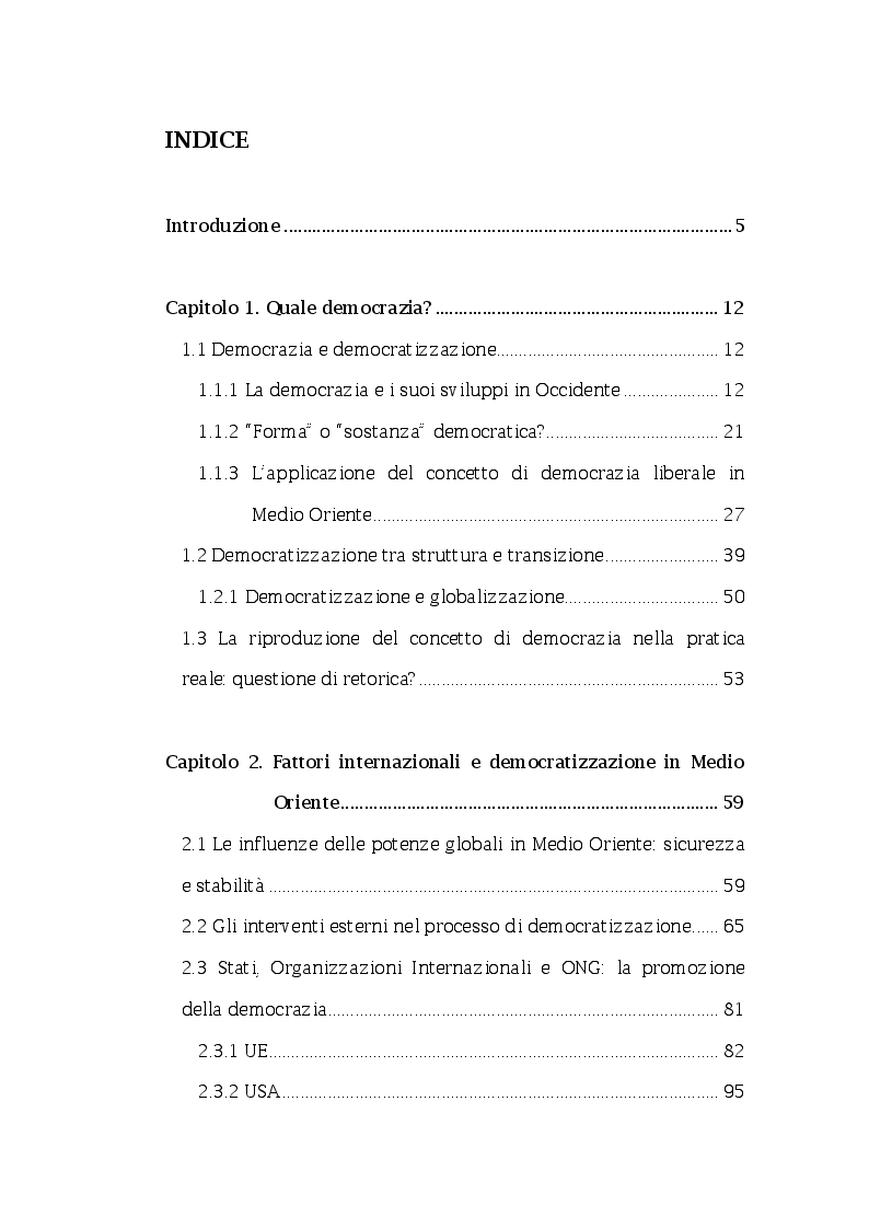 Indice della tesi: Il ruolo dei fattori internazionali nel processo di democratizzazione del Medio Oriente, Pagina 1