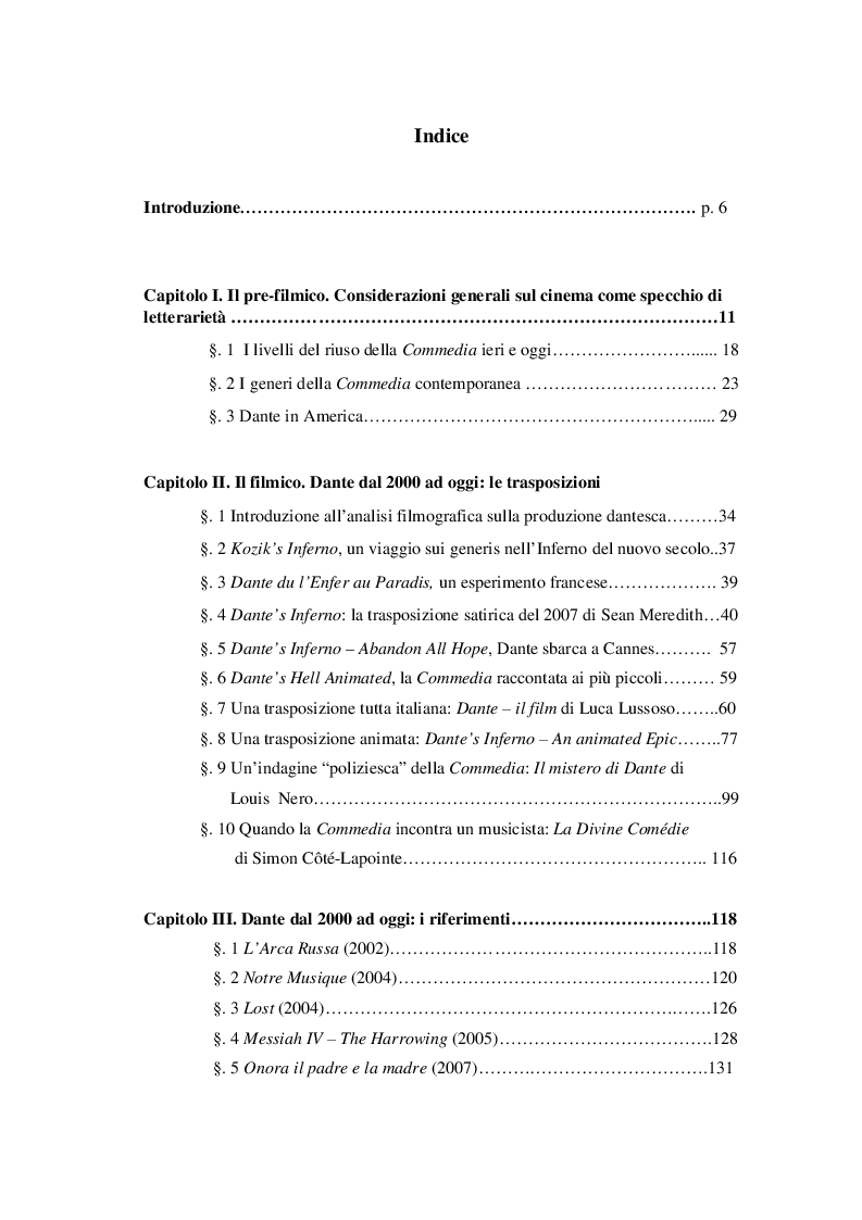 Indice della tesi: Note sulla cinematografia dantesca. Dal 2000 ad oggi, Pagina 1