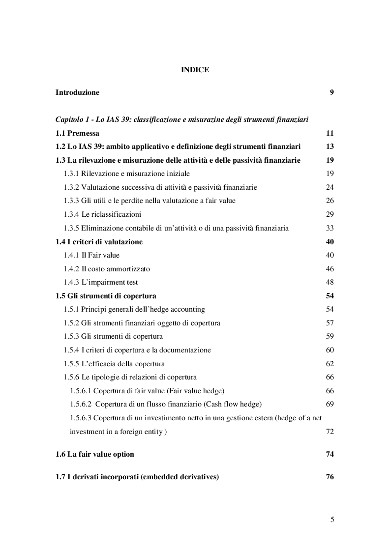 Indice della tesi: Il passaggio dallo IAS 39 all’IFRS 9. Novità, criticità e aree di miglioramento, Pagina 1