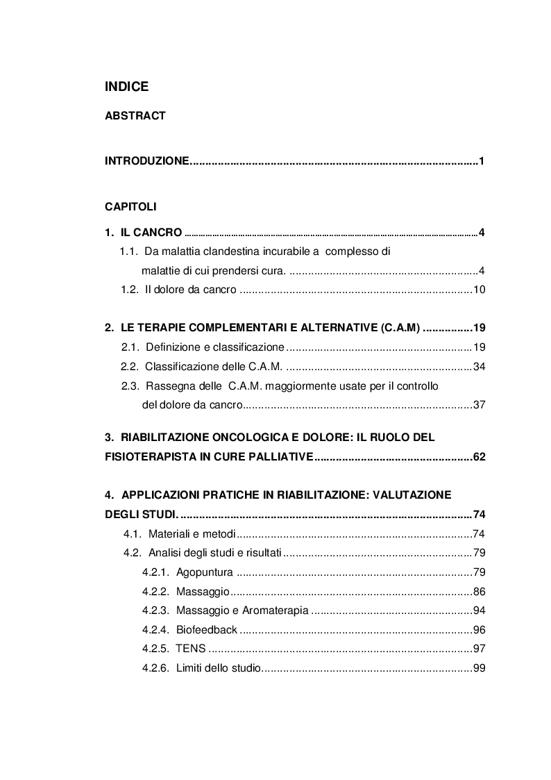 Indice della tesi: Valutazione dell'efficacia delle Terapie Complementari e Alternative per il controllo del dolore oncologico in Riabilitazione: revisione della letteratura, Pagina 1