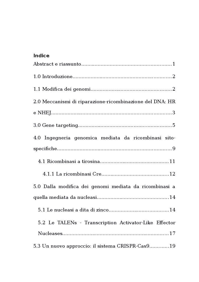 Indice della tesi: Metodiche di ingegneria genomica con particolare riguardo al sistema CRISPR-Cas9: possibili applicazioni, Pagina 1