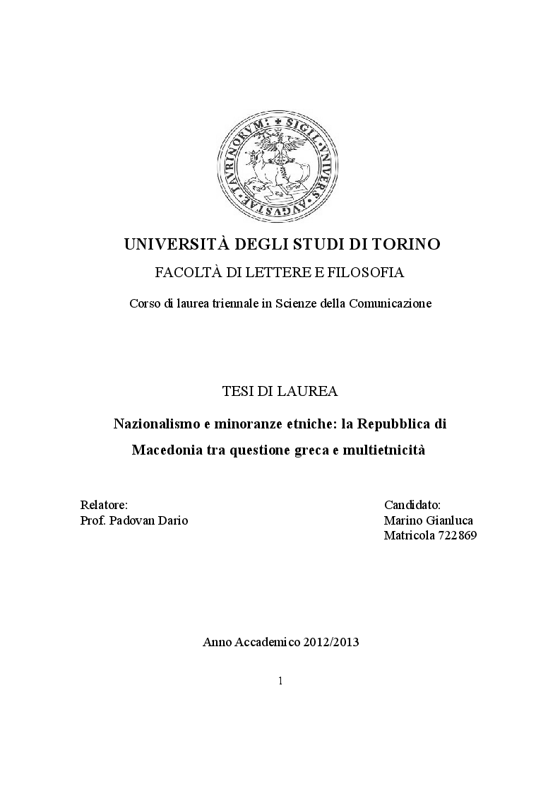 Anteprima della tesi: Nazionalismo e minoranze etniche: la Repubblica di Macedonia tra questione greca e multietnicità, Pagina 1