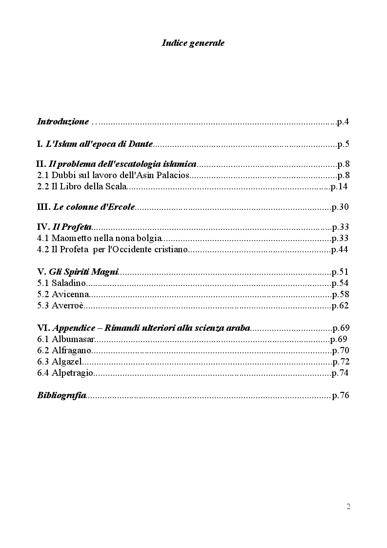 Indice della tesi: Presenze e immagini dell'Islam nella Commedia di Dante, Pagina 1