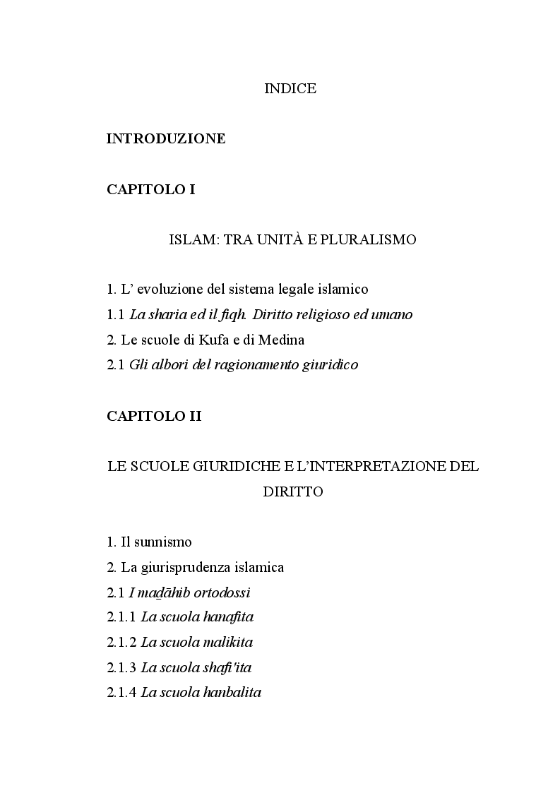 Indice della tesi: Le scuole giuridiche dell'Islam, Pagina 1