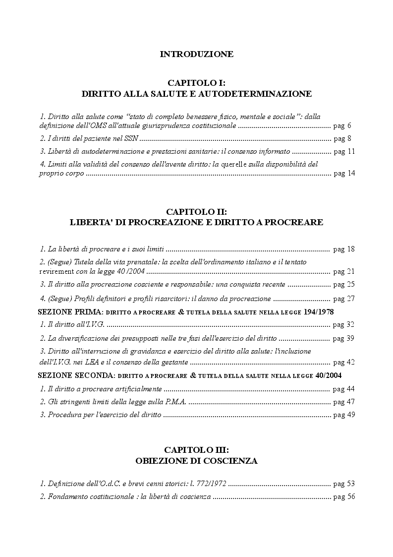 Indice della tesi: Obiezione di coscienza e procreazione responsabile, Pagina 1