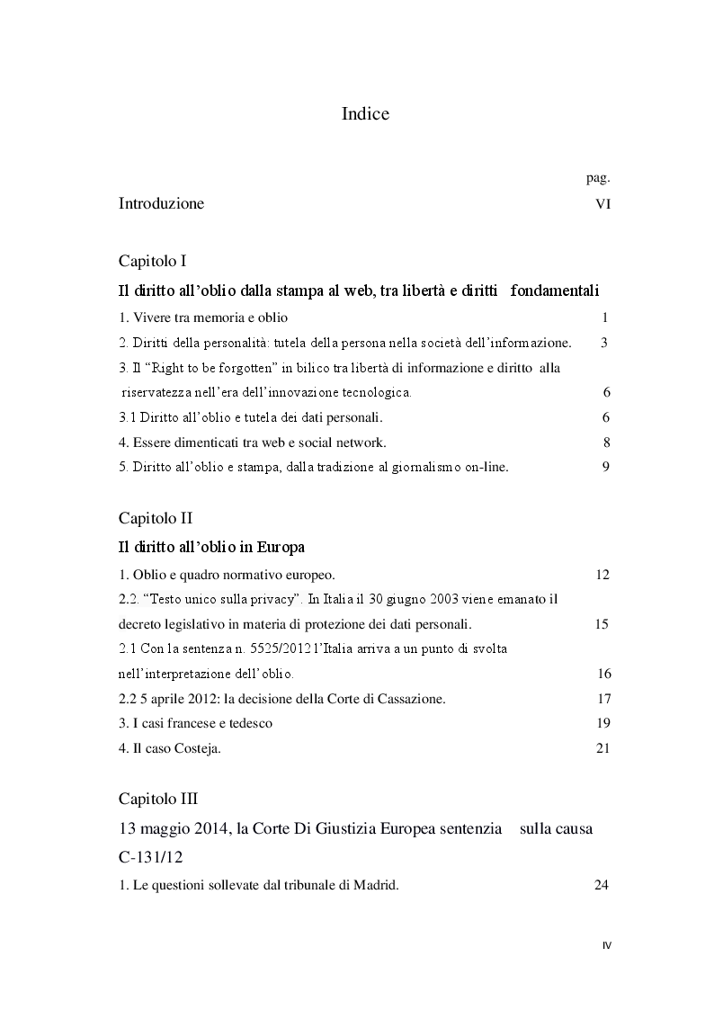 Indice della tesi: Il diritto all'oblio ai tempi di Google, Pagina 1