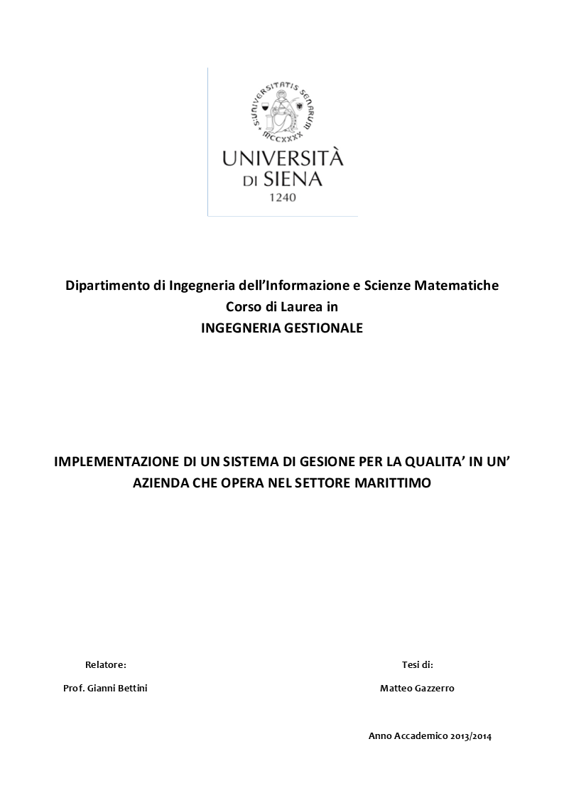 Anteprima della tesi: Implementazione di un sistema di gestione per la qualità in un'azienda che opera nel settore marittimo, Pagina 1