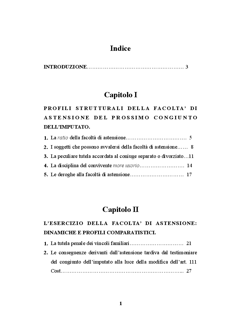 Indice della tesi: La testimonianza del prossimo congiunto dell'imputato, Pagina 1