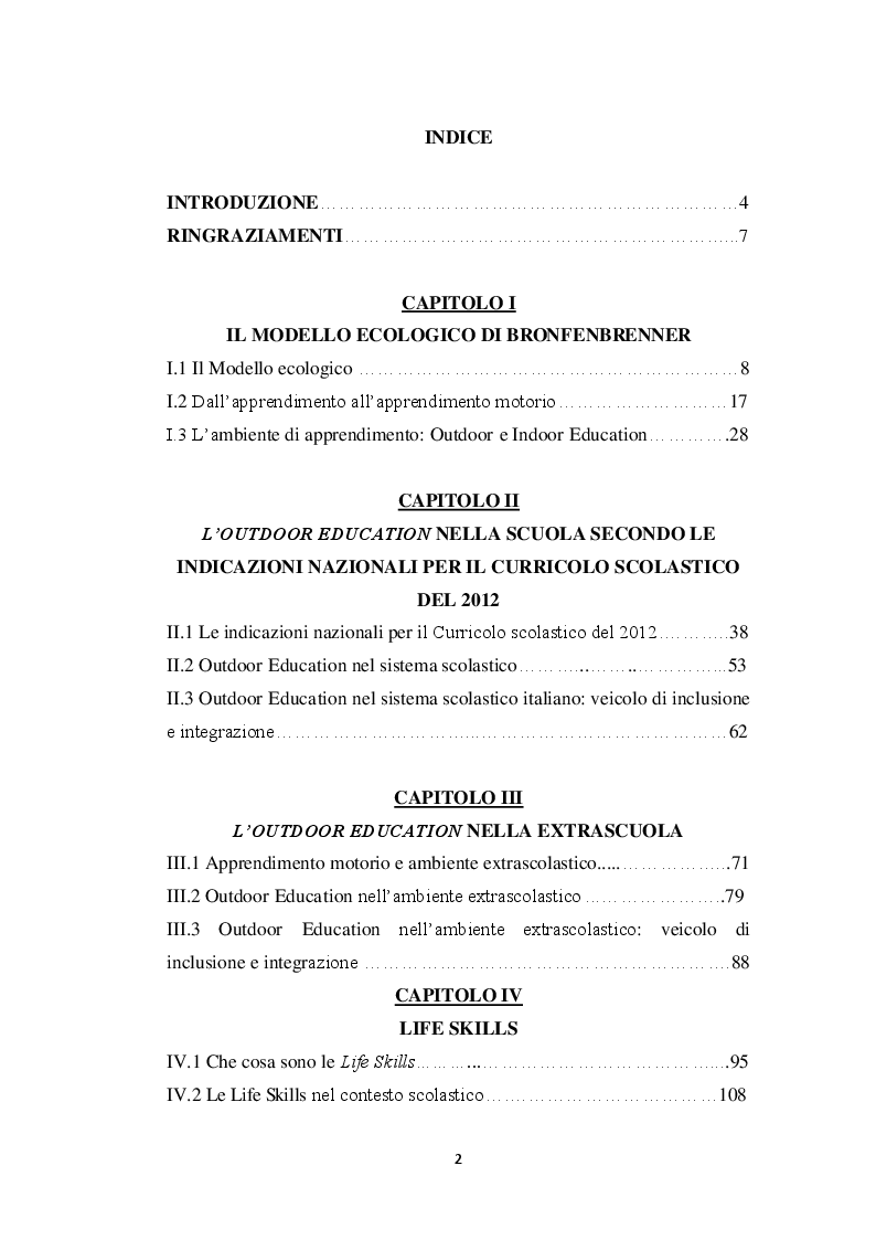 Indice della tesi: Outdoor Education nella scuola e nell'extrascuola, Pagina 1