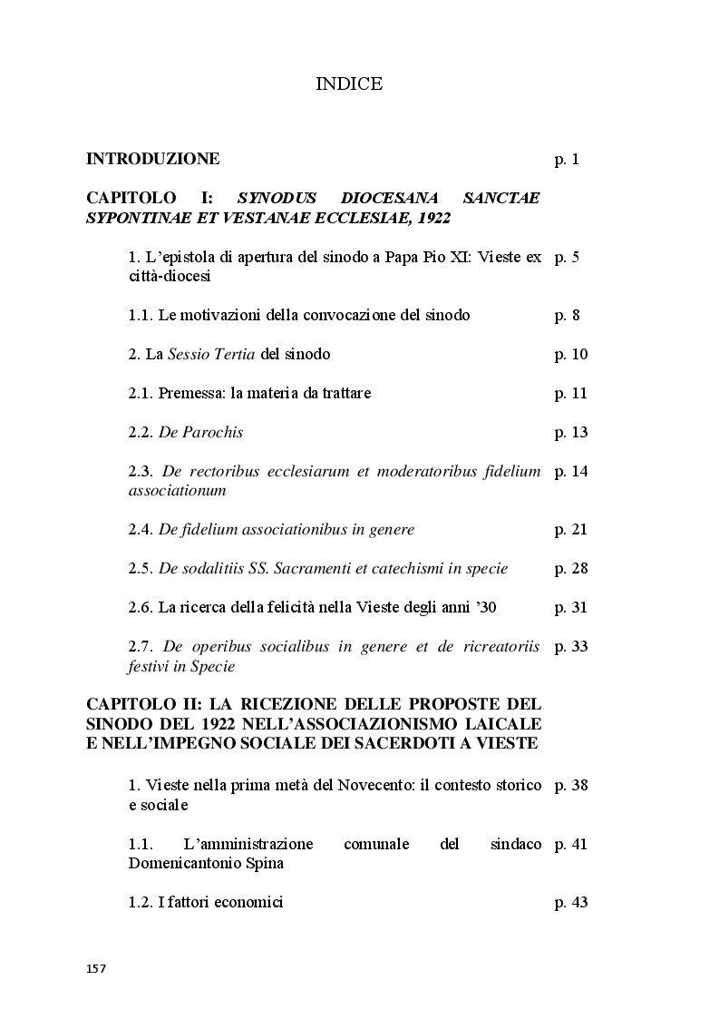 Indice della tesi: Per una storia del movimento cattolico viestano: Dai moniti di riforma di mons. Gagliardi (1922) ad oggi, Pagina 1