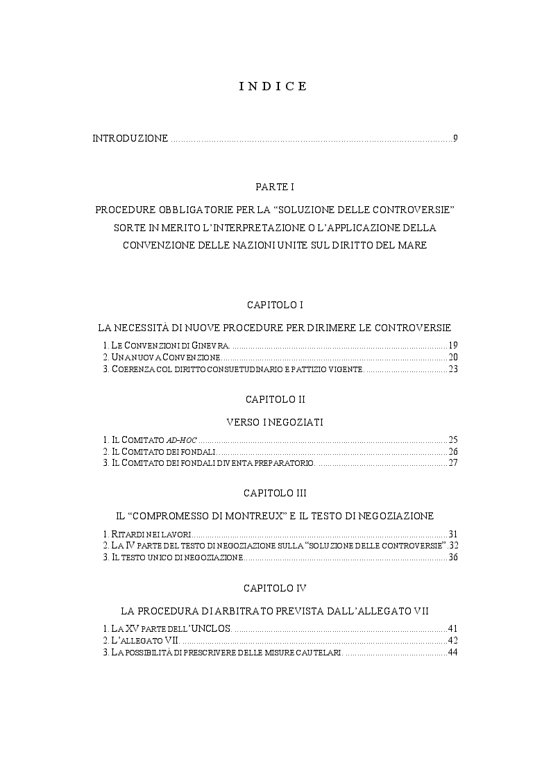 Indice della tesi: L'arbitrato obbligatorio secondo la Convenzione delle Nazioni Unite sul Diritto del Mare, Pagina 1