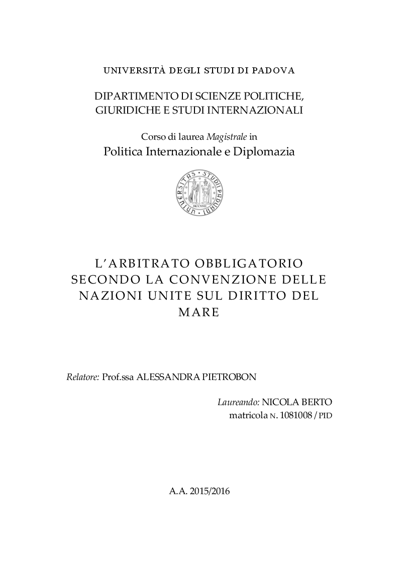 Anteprima della tesi: L'arbitrato obbligatorio secondo la Convenzione delle Nazioni Unite sul Diritto del Mare, Pagina 1