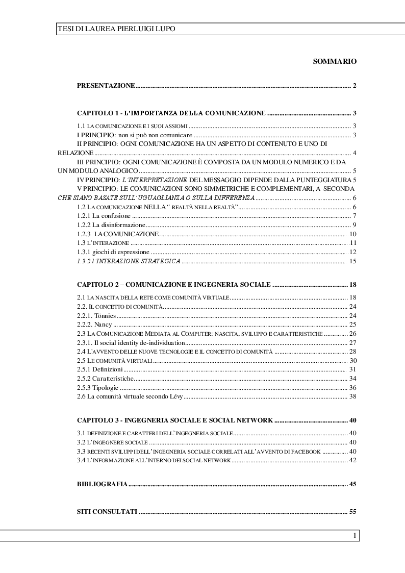 Indice della tesi: La comunicazione e l'ingegneria sociale, Pagina 1