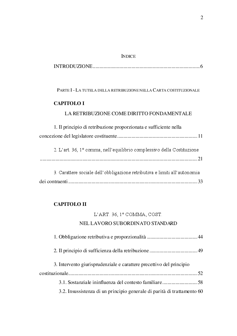 Indice della tesi: Retribuzione proporzionata e sufficiente e ''nuovi lavori'', Pagina 1