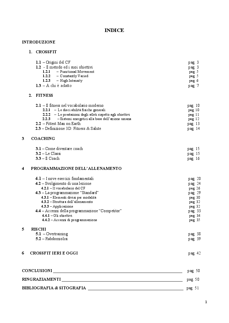 Indice della tesi: Crossfit: lo Sport del Fitness - Oltre i Tradizionali Metodi, Pagina 1