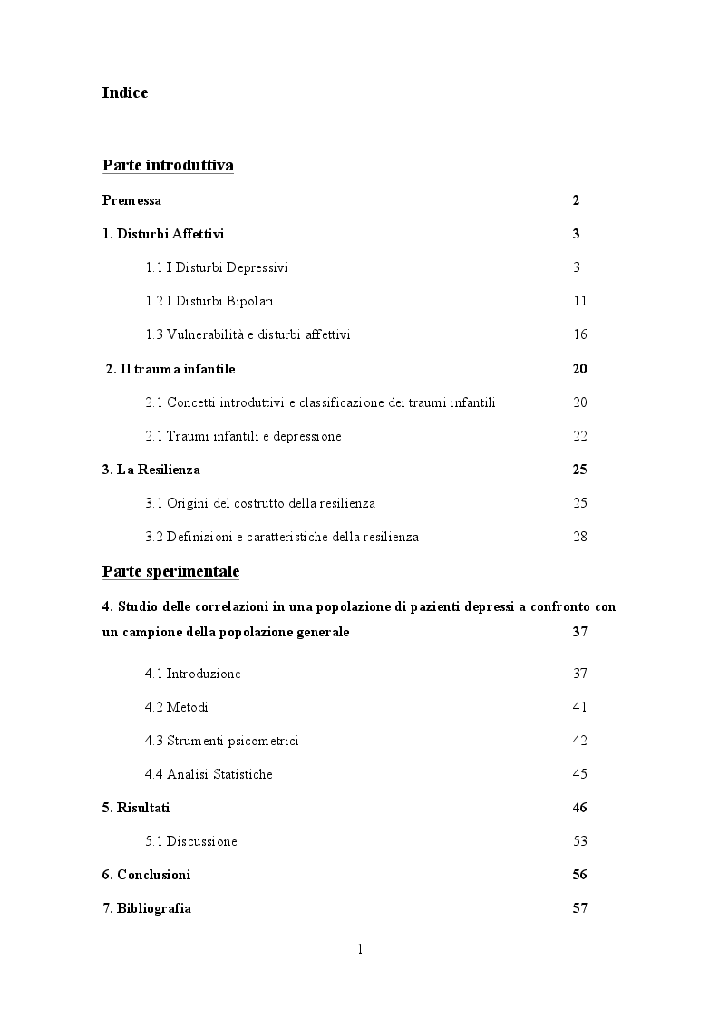 Indice della tesi: Traumi Infantili e Resilienza nei Disturbi dell'umore, Pagina 1