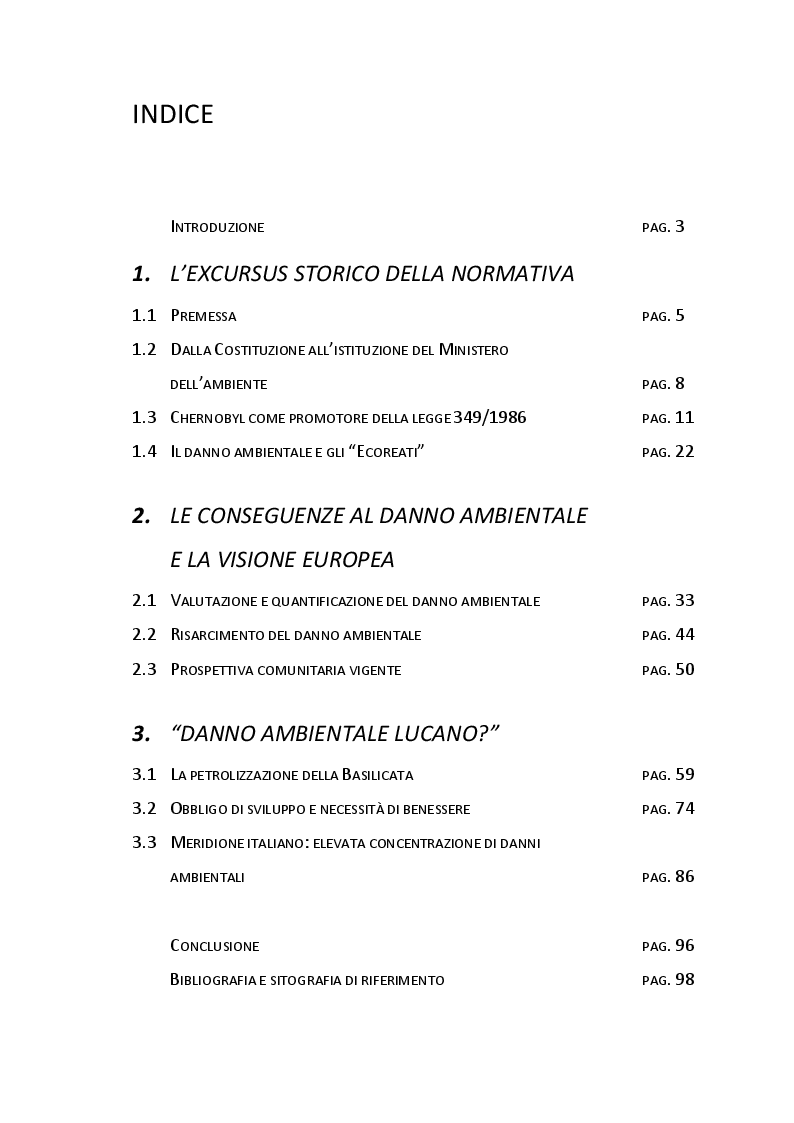Indice della tesi: Novità legislative in materia di danno ambientale, Pagina 1