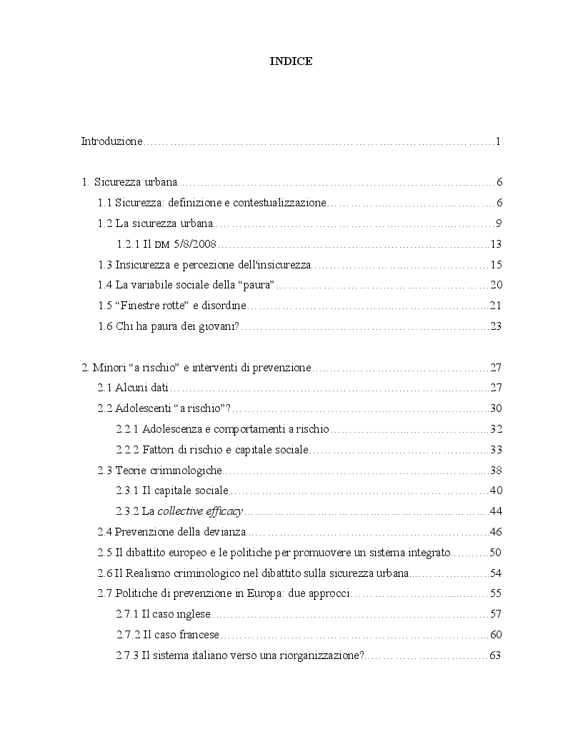 Indice della tesi: Giovani devianti. Teorie criminologiche e pratiche di prevenzione, Pagina 1
