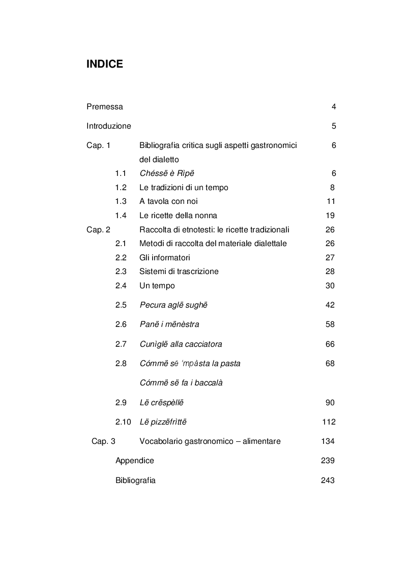 Indice della tesi: Vocabolario gastronomico - alimentare del dialetto di Ripi, Pagina 1