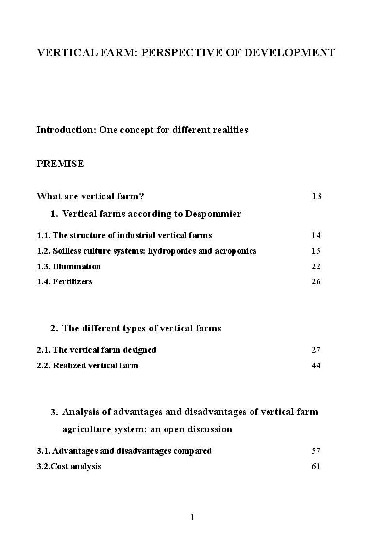 Indice della tesi: Vertical Farm: perspective of development, Pagina 1