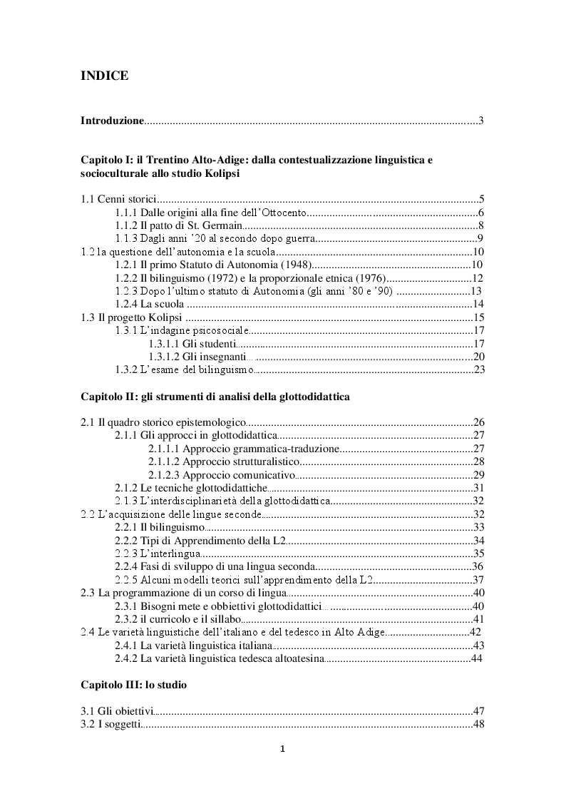 Indice della tesi: L'insegnamento dell'italiano e del tedesco come lingue seconde: due scuole altoatesine a confronto, Pagina 1