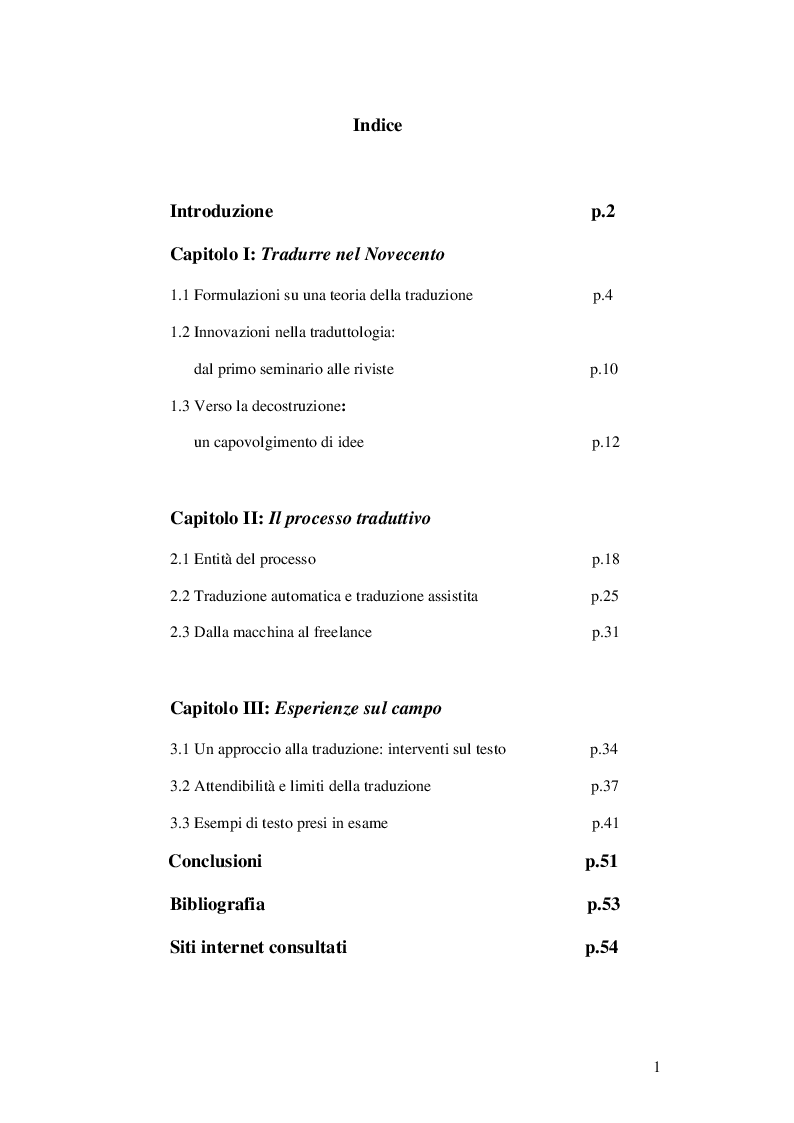 Indice della tesi: La Traduzione: attività individuale o scelta automatizzata?, Pagina 1
