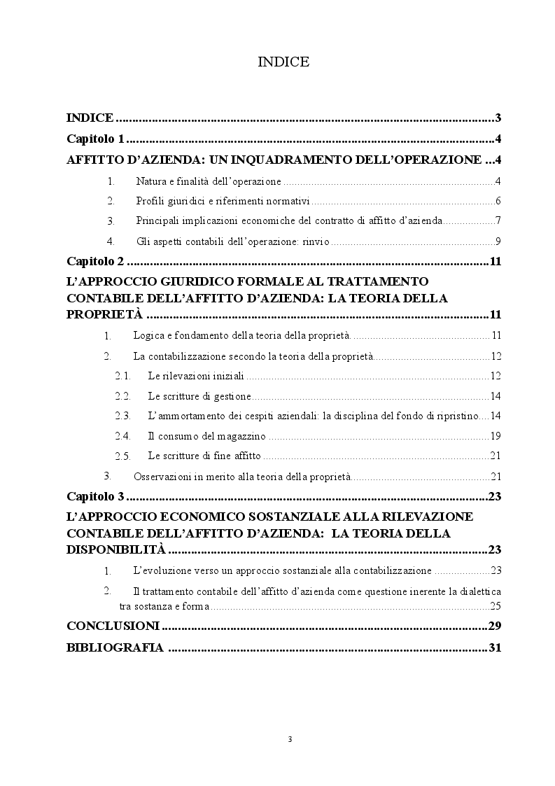 Indice della tesi: Il trattamento contabile dell'affitto d'azienda, Pagina 1