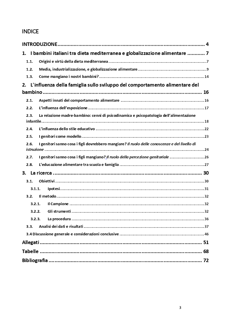 Indice della tesi: Percezione genitoriale e comportamento alimentare del bambino: quale relazione?, Pagina 1