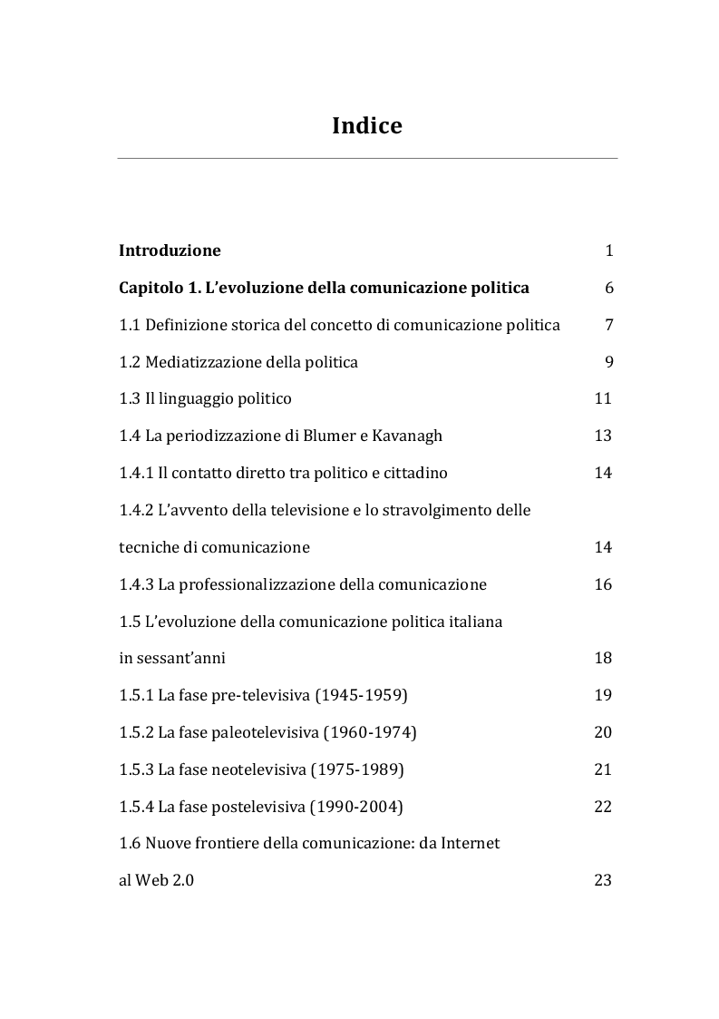 Indice della tesi: Politica e Twitter: quando la comunicazione diventa social. Il caso Matteo Renzi, Pagina 1