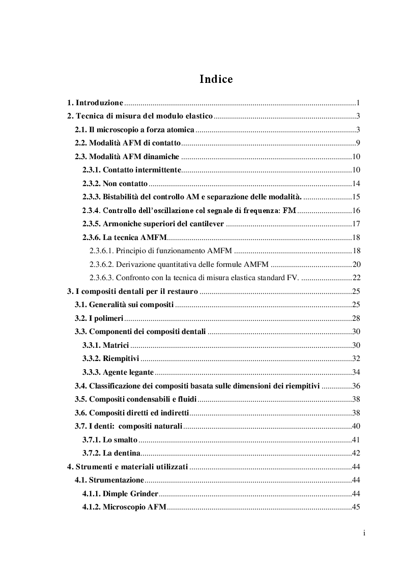 Indice della tesi: Misura con metodo AMFM del modulo di Young di compositi dentali, Pagina 1
