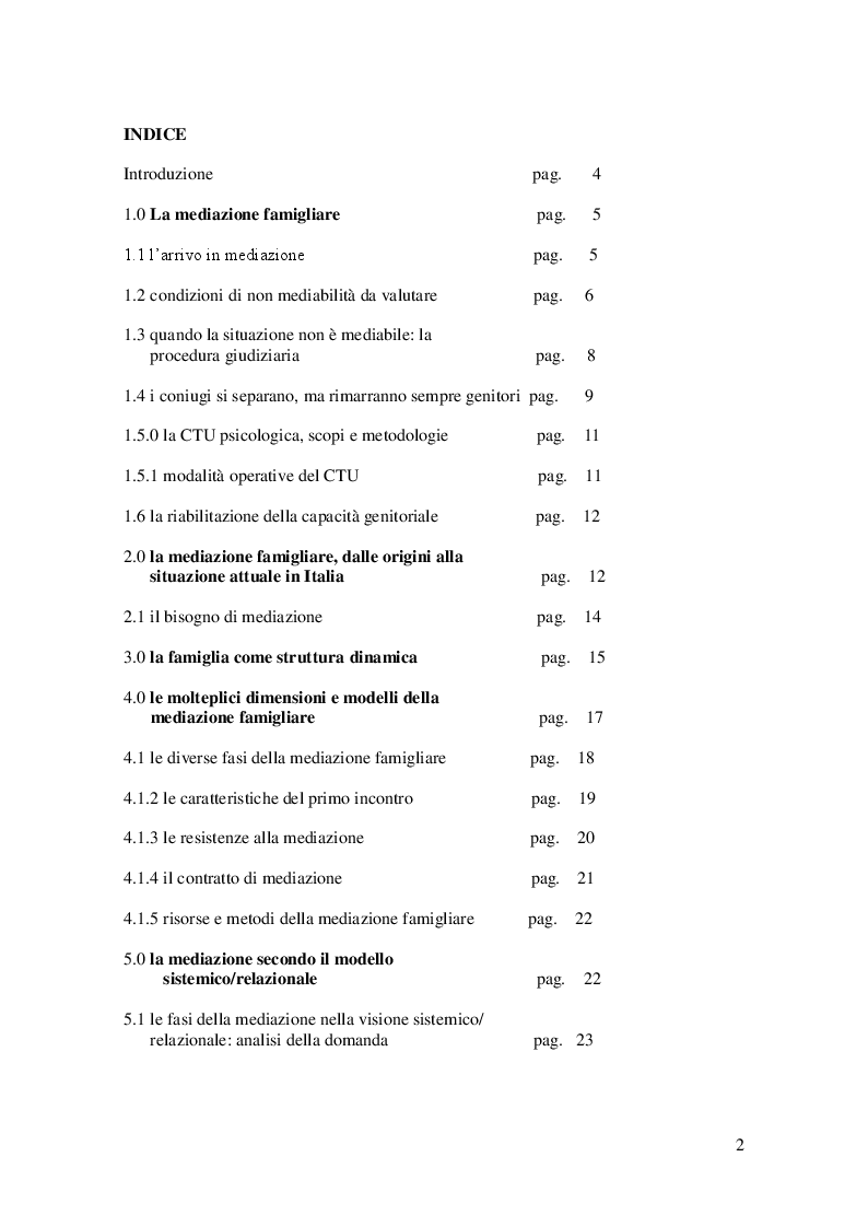 Indice della tesi: Il Ruolo del Mediatore Familiare, Pagina 1