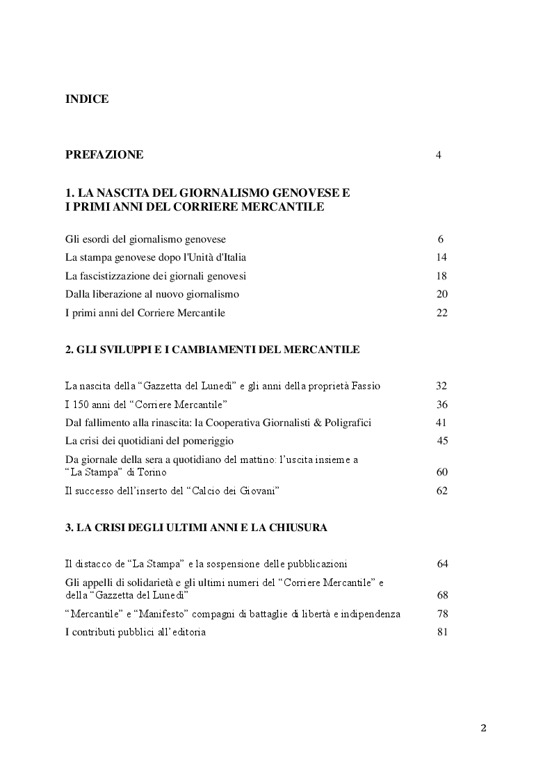 Indice della tesi: Vita e morte di un giornale: la chiusura del "Corriere Mercantile" dopo 191 anni di cronaca genovese, Pagina 1