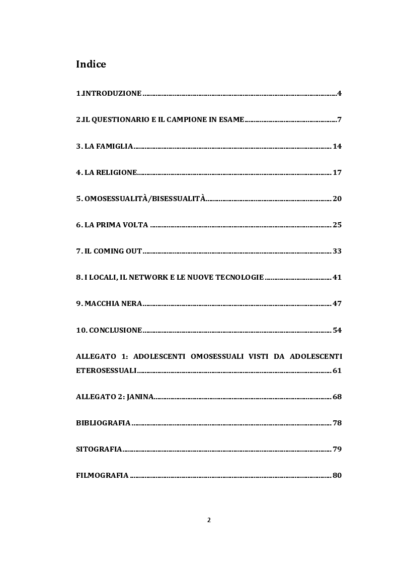 Indice della tesi: HOT or NOT. Un punto di vista sui vissuti ed esperienze di alcuni adolescenti omosessuali della provincia di Rimini, Pagina 1