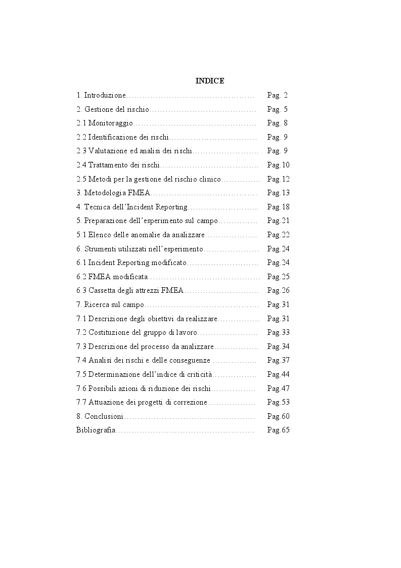 Indice della tesi: Sistema di monitoraggio, analisi e correzione delle anomalie operative: approccio alla prevenzione degli eventi avversi, Pagina 1