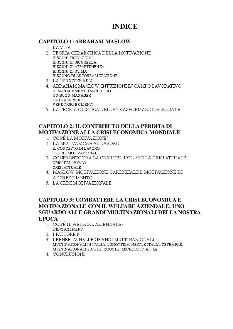Indice della tesi: Crisi economica e motivazione al lavoro: Un’analisi psicologica, Pagina 1