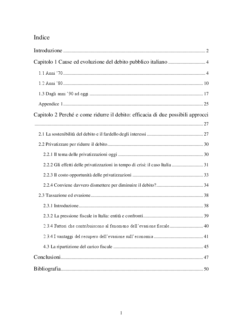Indice della tesi: Il problema del debito pubblico italiano: genesi storica e analisi di due possibili strategie per affrontarlo, Pagina 1